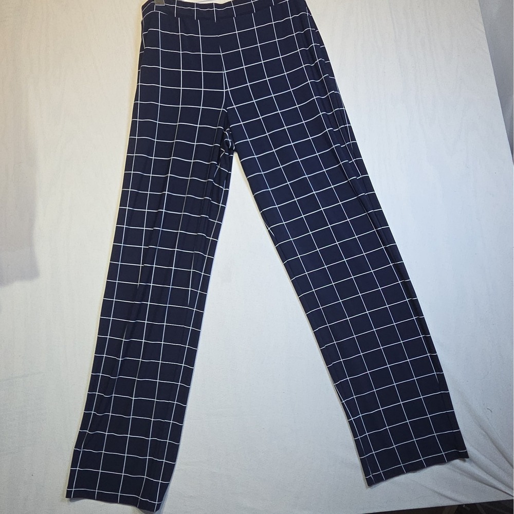 Susan Graver Women's Small Navy White Windowpane Pull On Straight Leg Pants